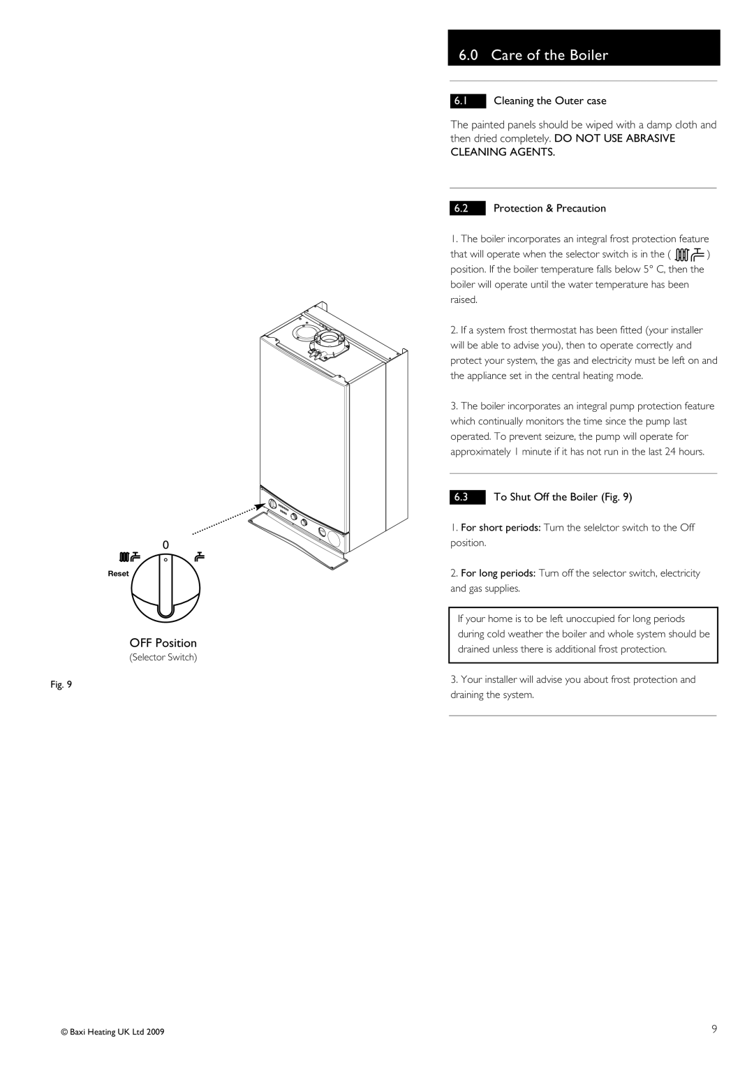 Baxi Potterton 30 HE warranty Care of the Boiler, OFF Position, To Shut Off the Boiler Fig 