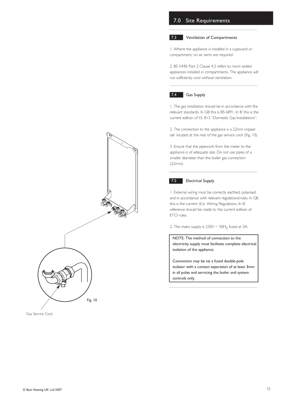 Baxi Potterton 30 HE manual Ventilation of Compartments, Gas Supply, Electrical Supply 