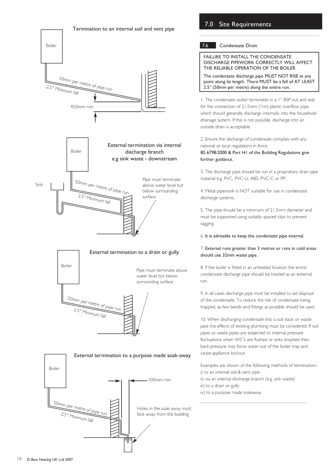 Baxi Potterton 30 HE manual External termination via internal, Condensate Drain 