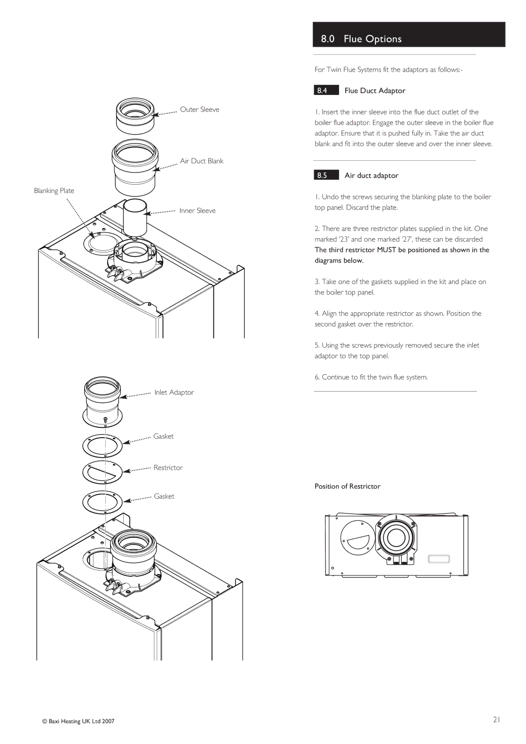 Baxi Potterton 30 HE manual Flue Duct Adaptor, Air duct adaptor, For Twin Flue Systems fit the adaptors as follows 