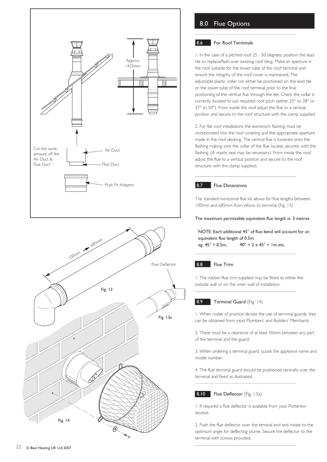 Baxi Potterton 30 HE manual For Roof Terminals, Flue Dimensions, Flue Trim, Terminal Guard Fig, Flue Deflector a 