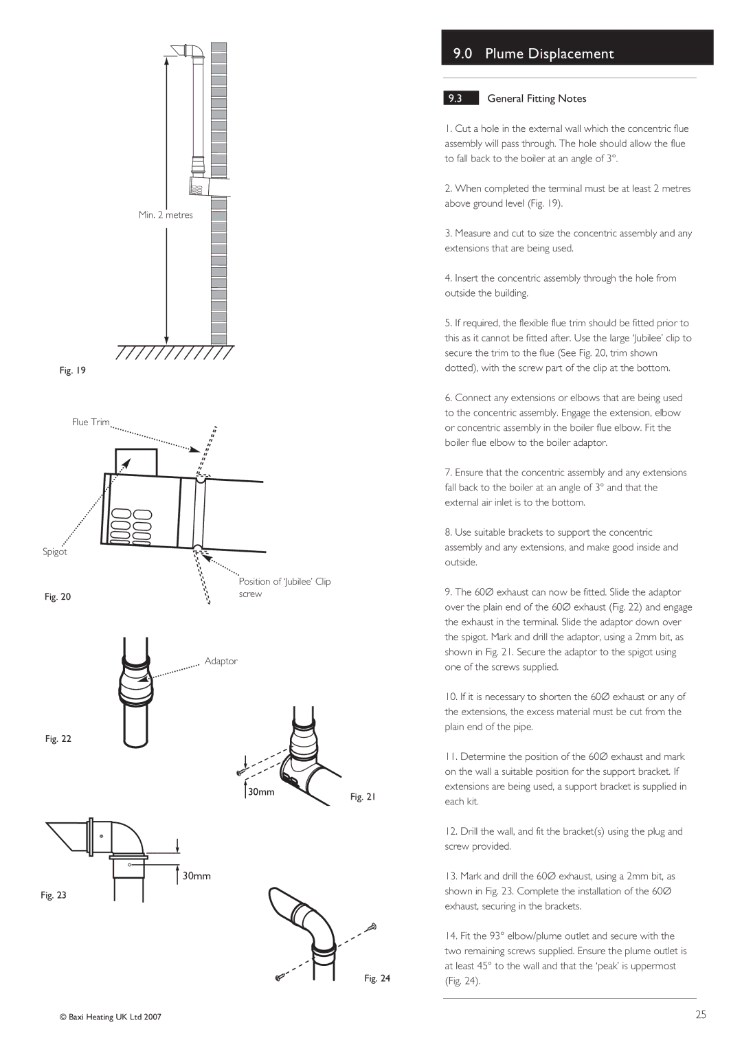 Baxi Potterton 30 HE manual General Fitting Notes, Min metres Flue Trim Spigot, Screw, Adaptor 30mm 