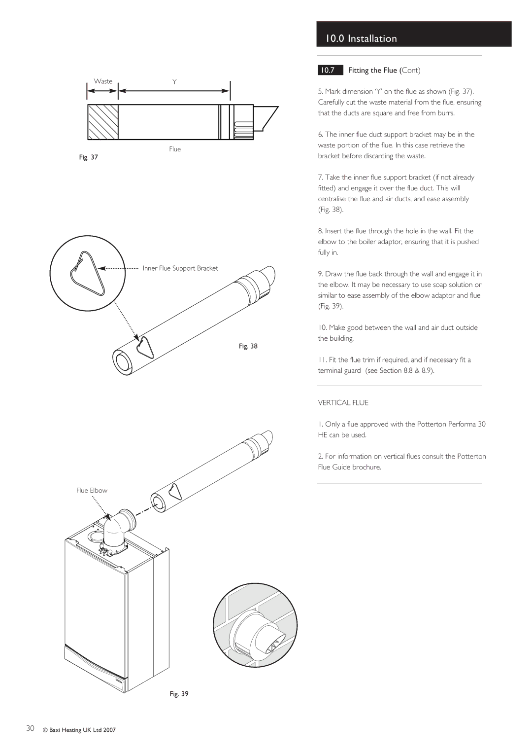 Baxi Potterton 30 HE manual WasteY Flue Inner Flue Support Bracket Flue Elbow, Vertical Flue 