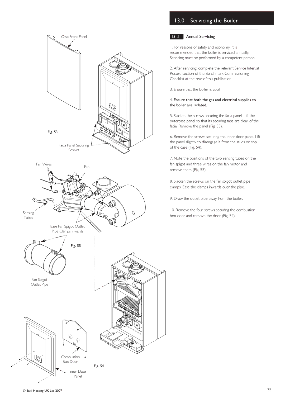 Baxi Potterton 30 HE manual Servicing the Boiler, 13 .1 Annual Servicing 