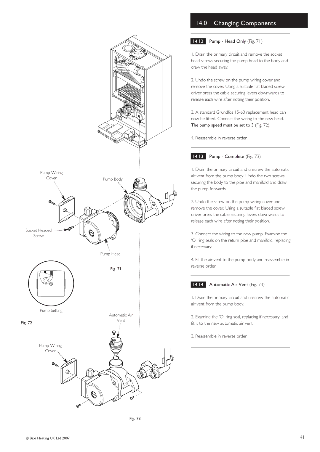 Baxi Potterton 30 HE manual Pump Head Only Fig, Pump Complete Fig, Automatic Air Vent Fig 