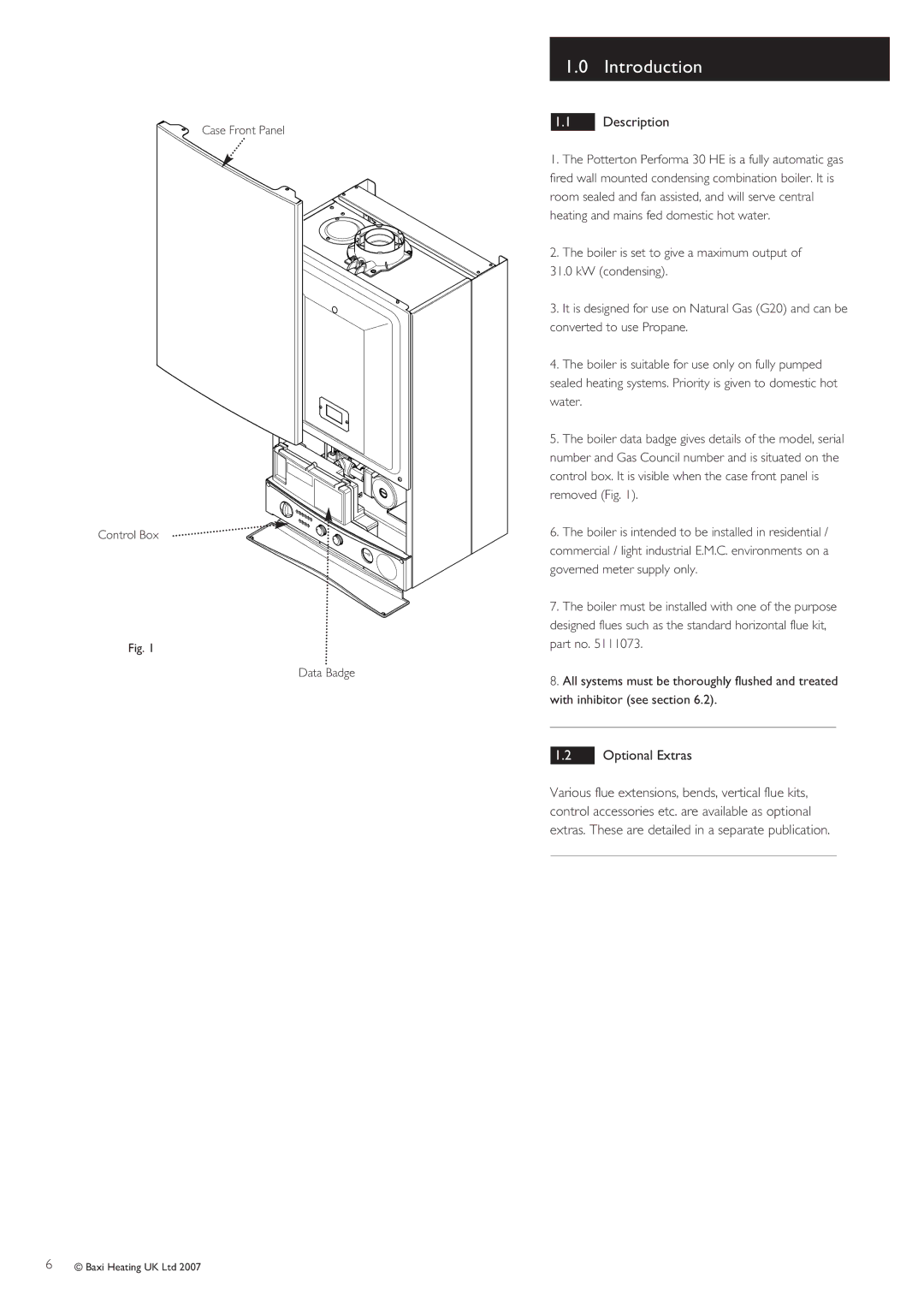 Baxi Potterton 30 HE manual Introduction, Description, Optional Extras, Case Front Panel Control Box Data Badge 