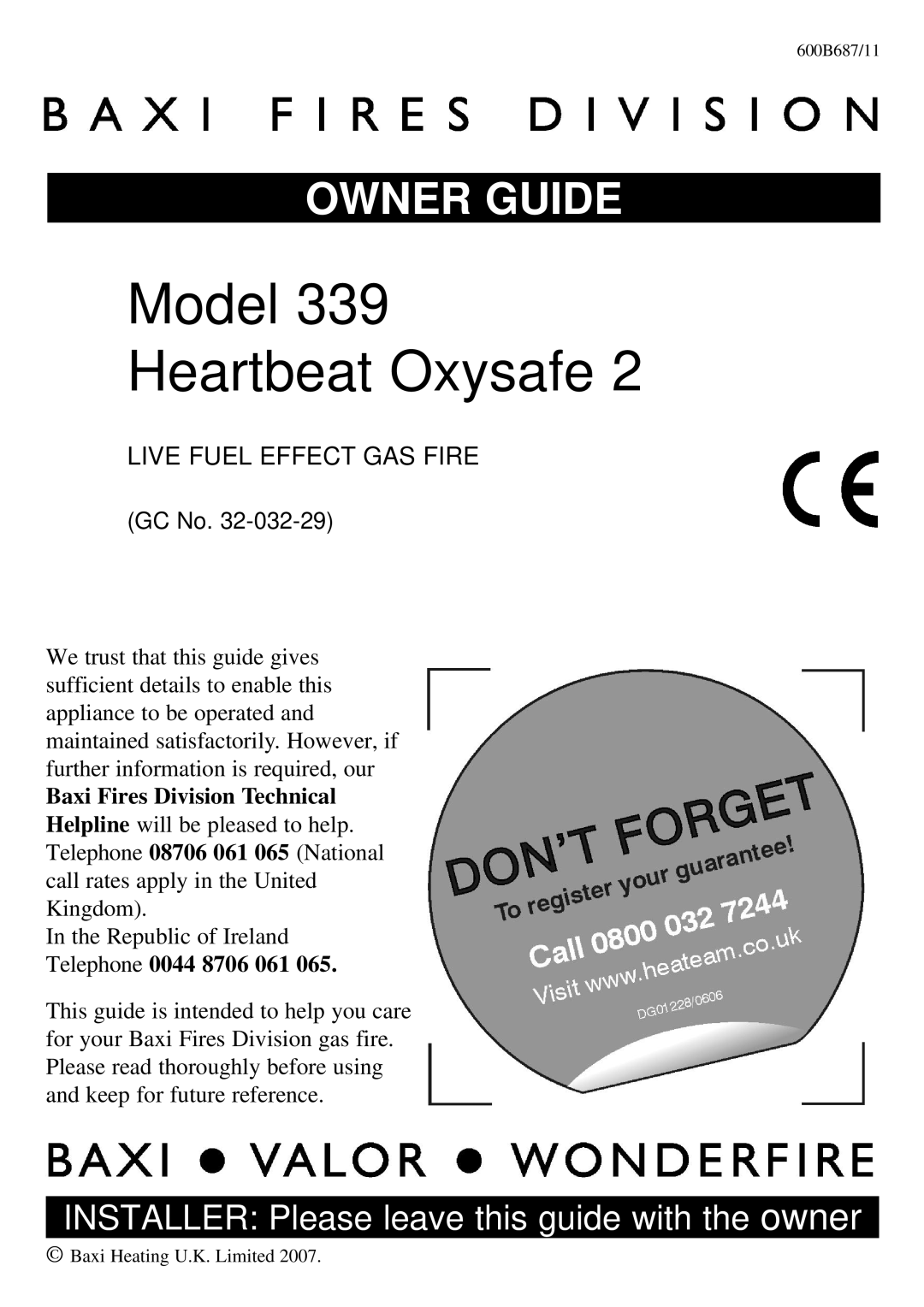 Baxi Potterton 339 manual Model Heartbeat Oxysafe 