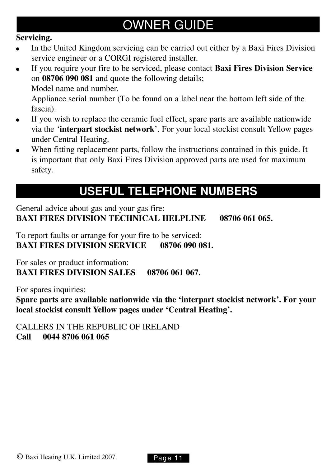 Baxi Potterton 339 manual Useful Telephone Numbers 