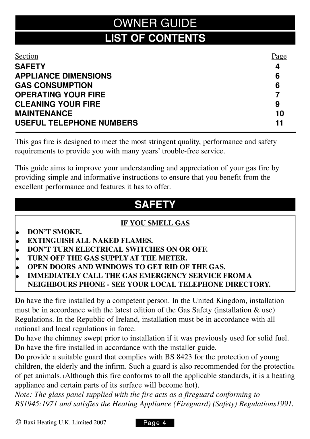 Baxi Potterton 339 manual List of Contents, Safety 