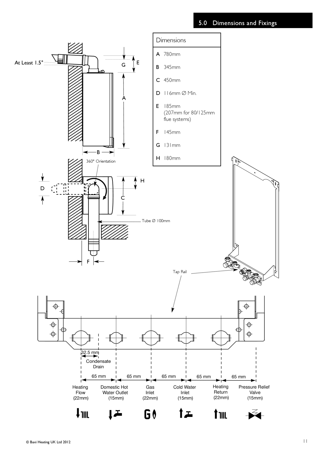 Baxi Potterton 47-393-42 manual Dimensions and Fixings, Orientation, Tap Rail 32.5 mm Condensate Drain 65 mm, 22mm 15mm 