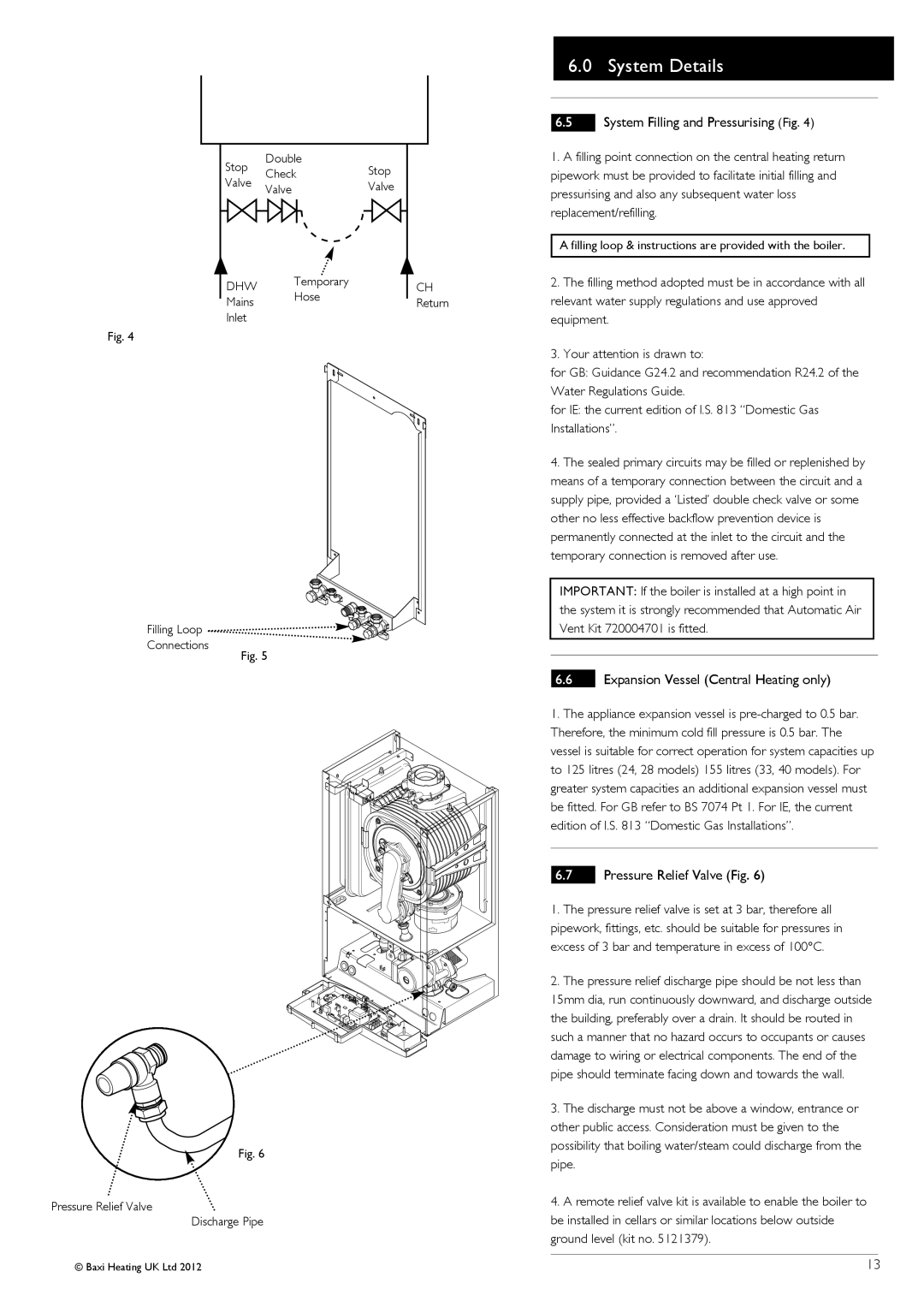 Baxi Potterton 47-393-39, 47-393-40, 47-393-41 System Filling and Pressurising Fig, Expansion Vessel Central Heating only 