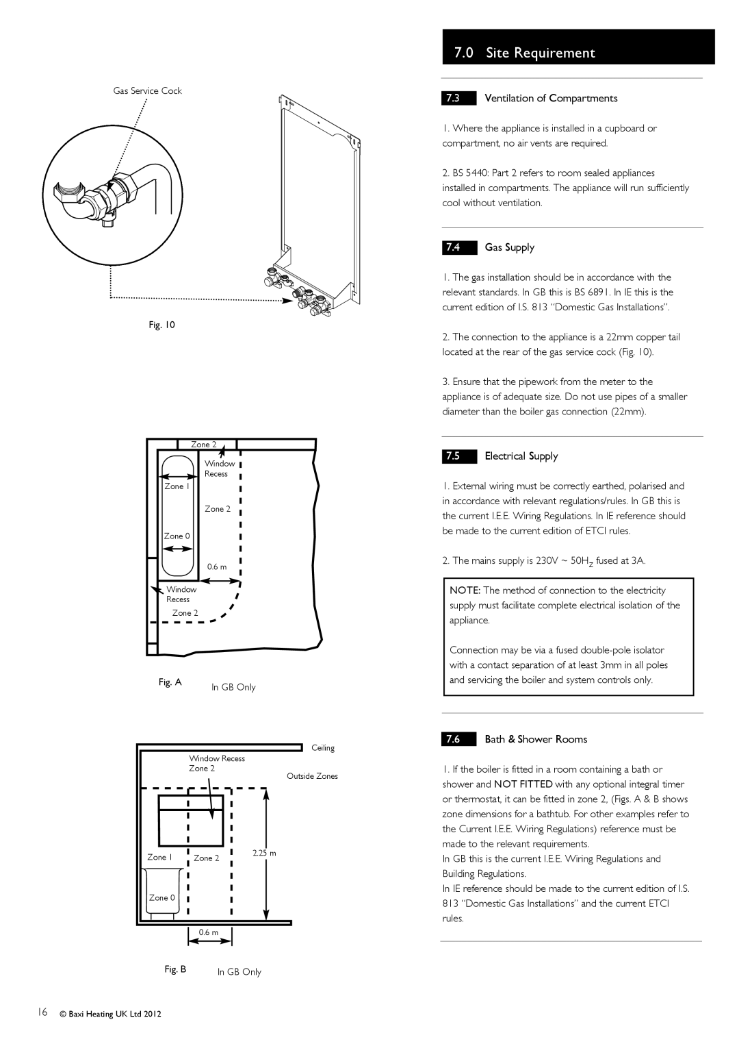 Baxi Potterton 47-393-40 Site Requirement, Ventilation of Compartments, Gas Supply, Electrical Supply, Bath & Shower Rooms 