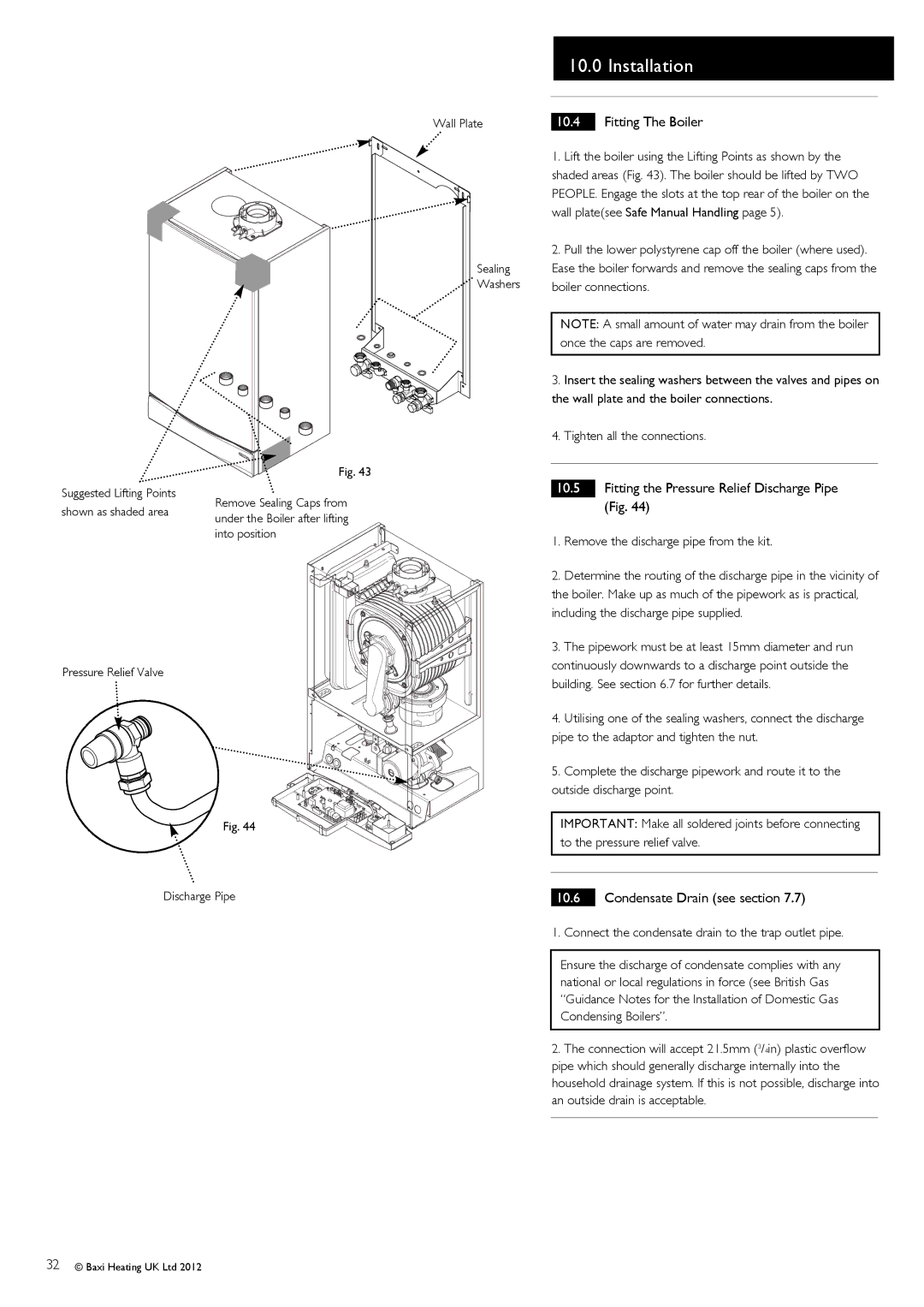 Baxi Potterton 47-393-40 Fitting The Boiler, Fitting the Pressure Relief Discharge Pipe Fig, Condensate Drain see section 