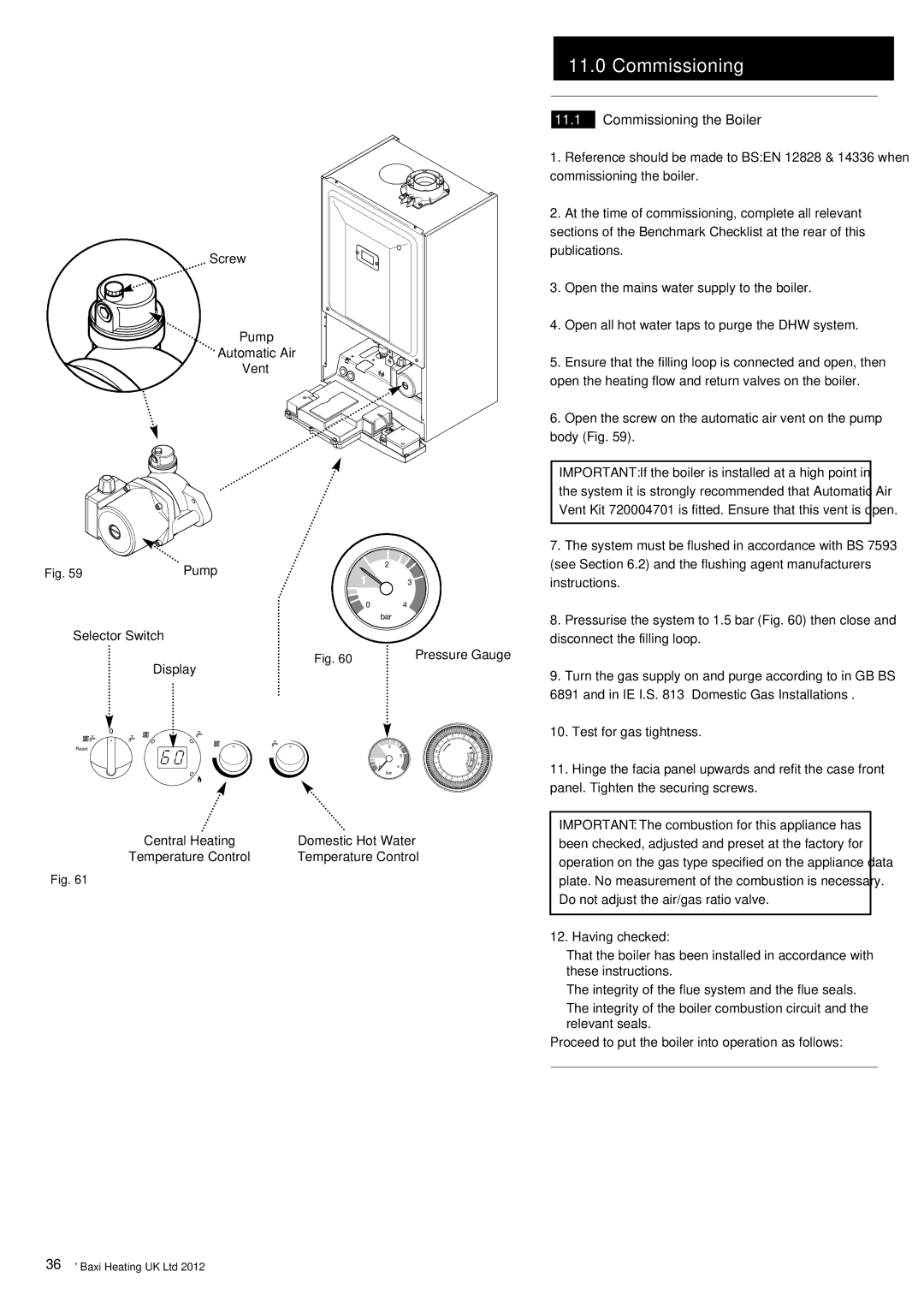 Baxi Potterton 47-393-40, 47-393-39 Commissioning the Boiler, Screw Pump Automatic Air Vent, Selector Switch Display 