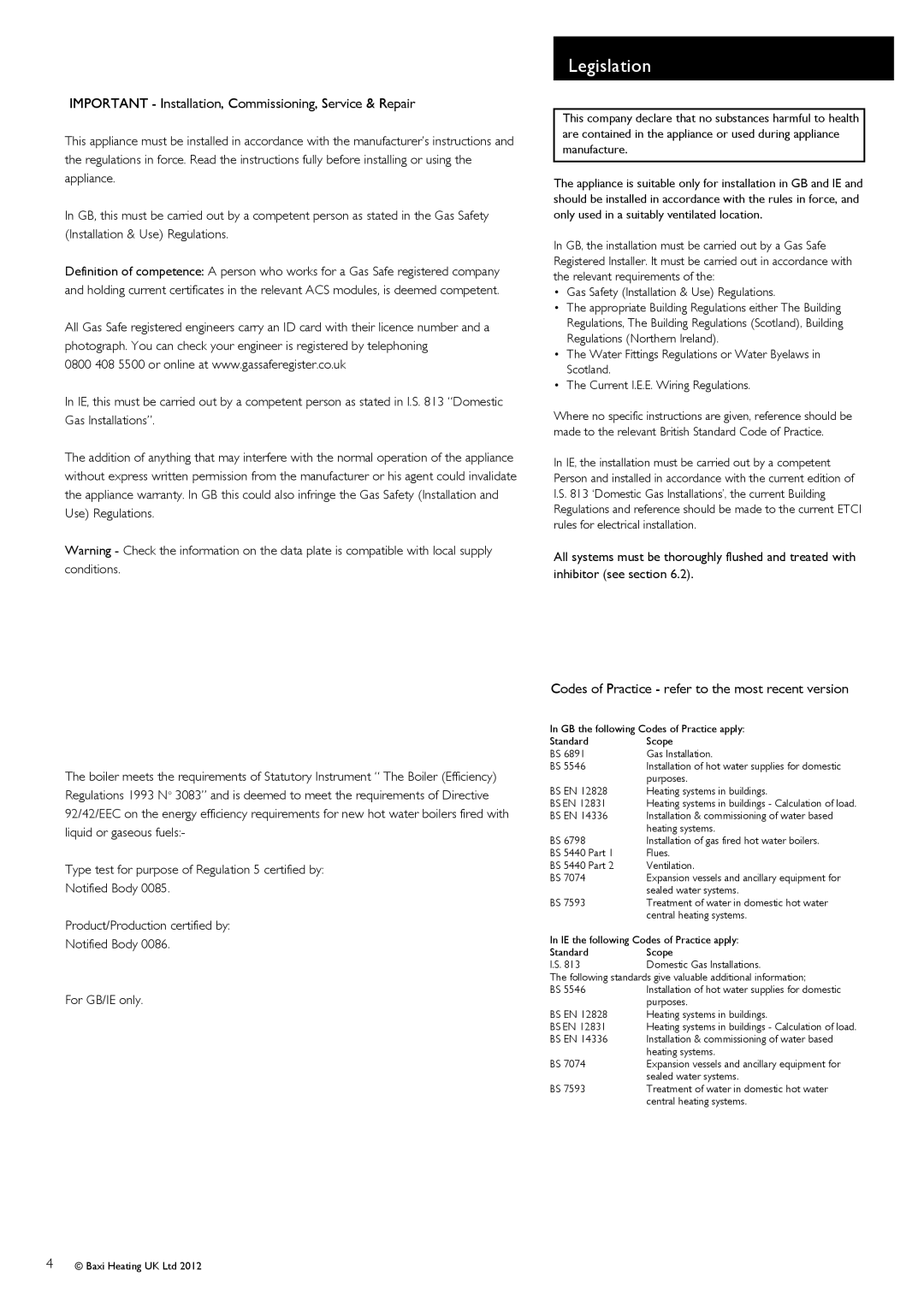 Baxi Potterton 47-393-40, 47-393-39, 47-393-41 manual Legislation, Important Installation, Commissioning, Service & Repair 