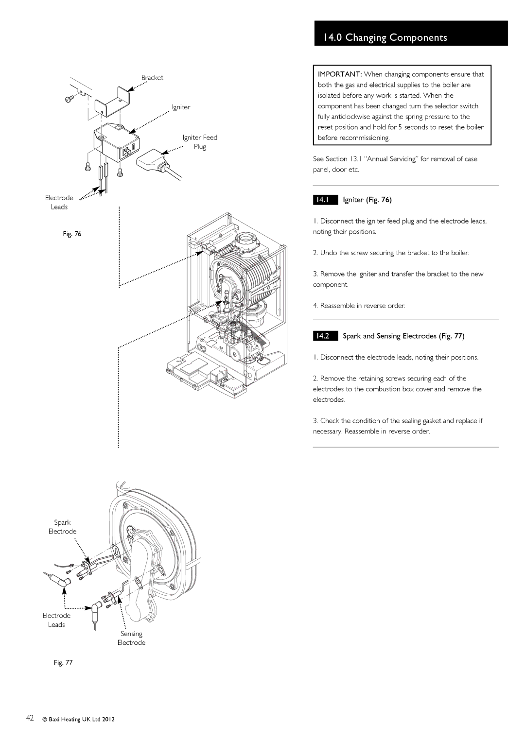 Baxi Potterton 47-393-41, 47-393-40, 47-393-39, 47-393-42 Changing Components, Igniter Fig, Spark and Sensing Electrodes Fig 