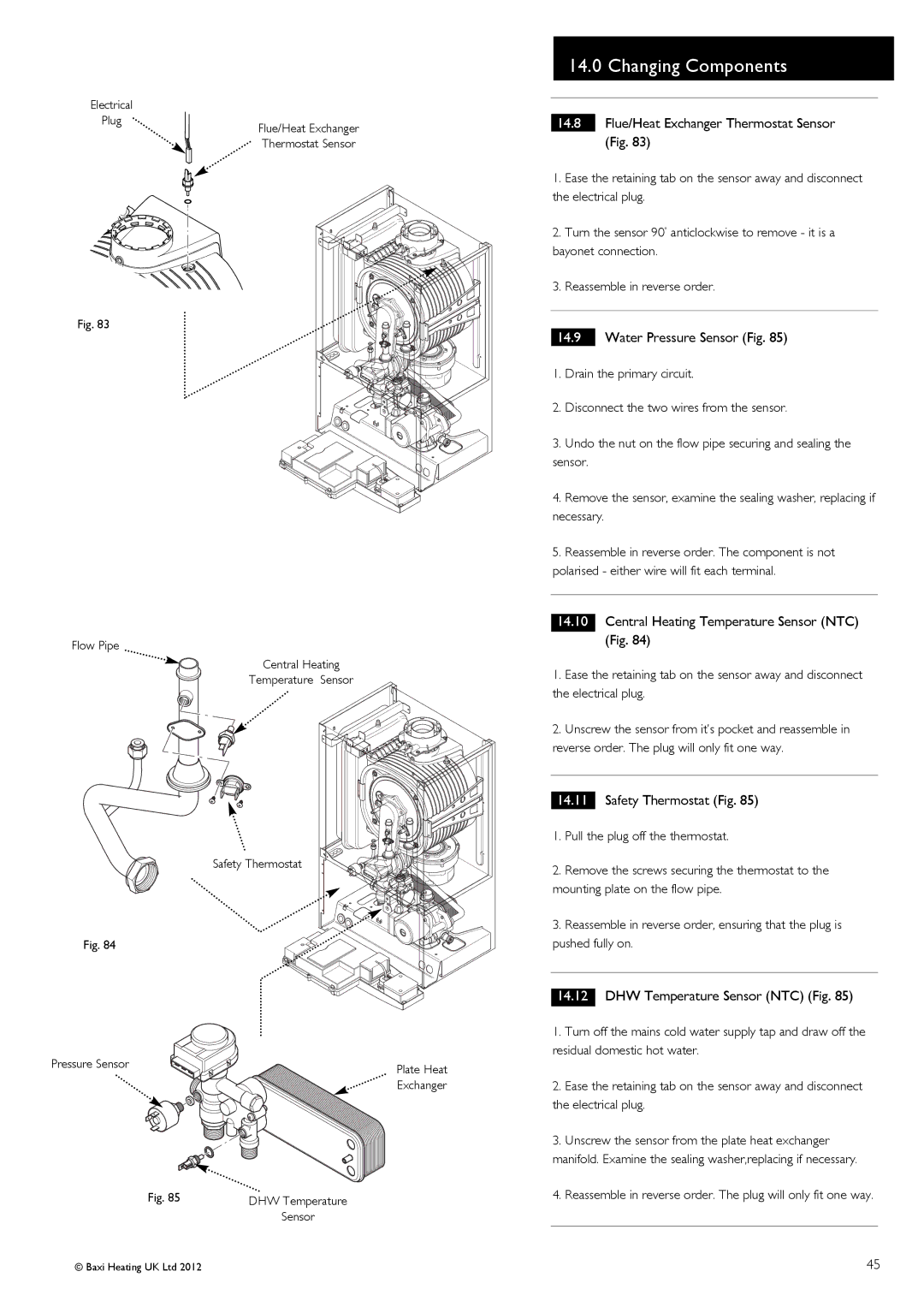 Baxi Potterton 47-393-39 manual Flue/Heat Exchanger Thermostat Sensor Fig, Water Pressure Sensor Fig, Safety Thermostat Fig 