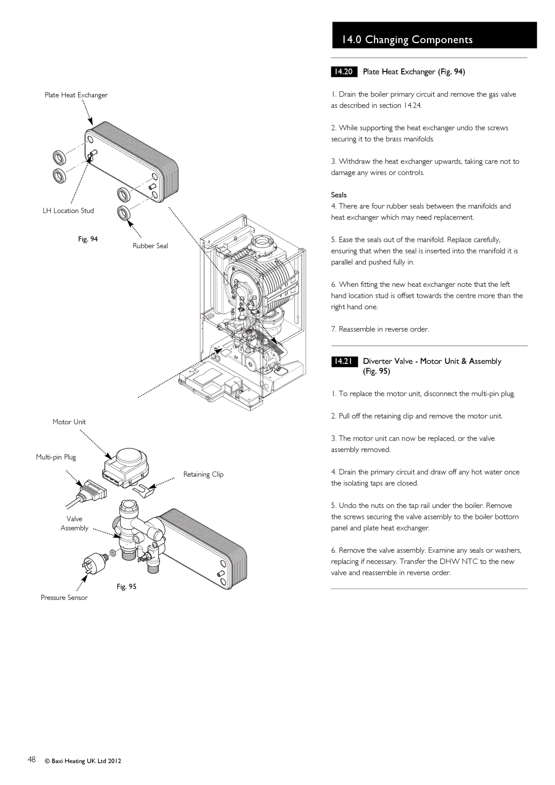 Baxi Potterton 47-393-40, 47-393-39, 47-393-41, 47-393-42 Plate Heat Exchanger Fig, Diverter Valve Motor Unit & Assembly Fig 