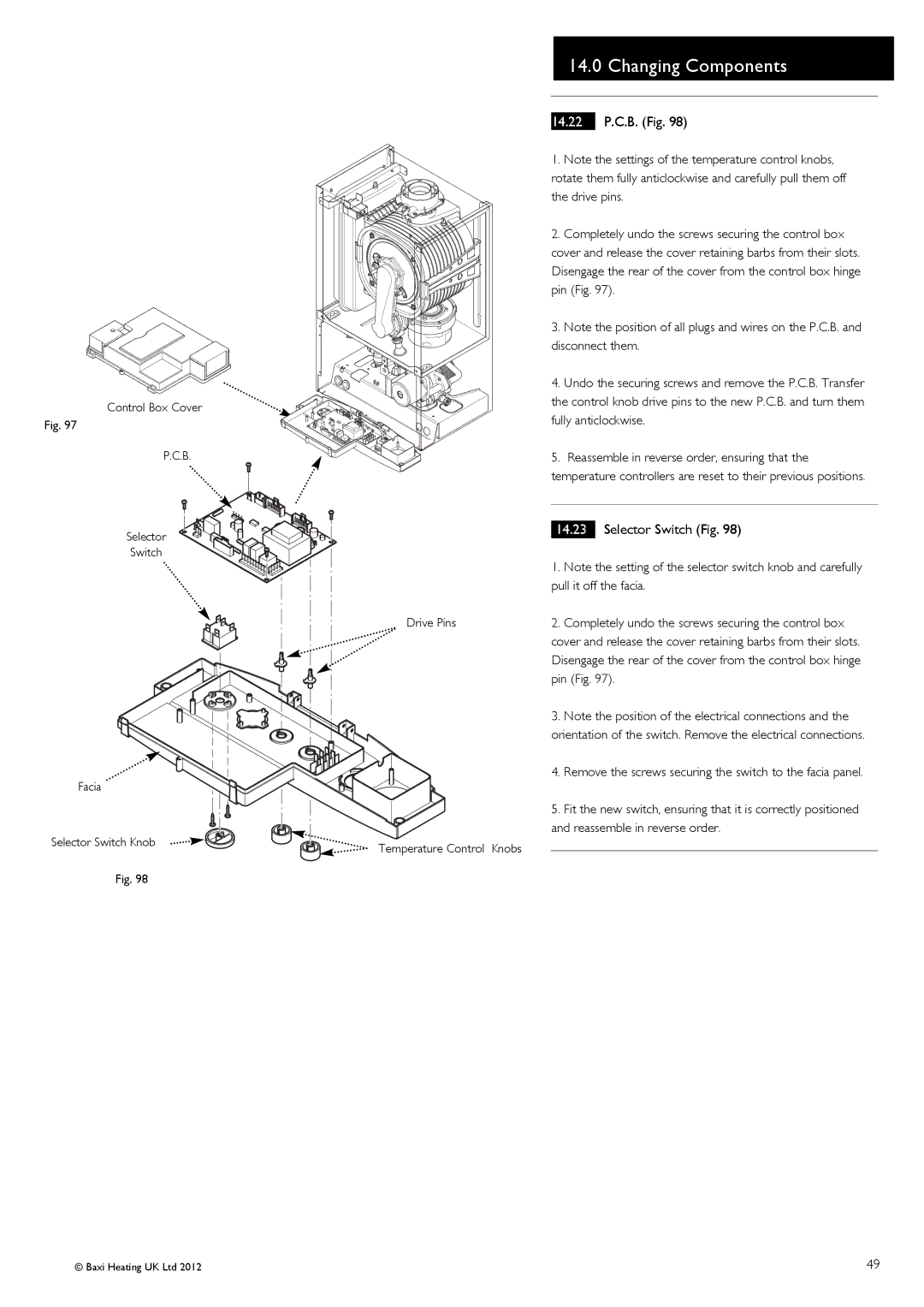 Baxi Potterton 47-393-39, 47-393-40, 47-393-41, 47-393-42 manual 14.22 P.C.B. Fig, Selector Switch Fig 