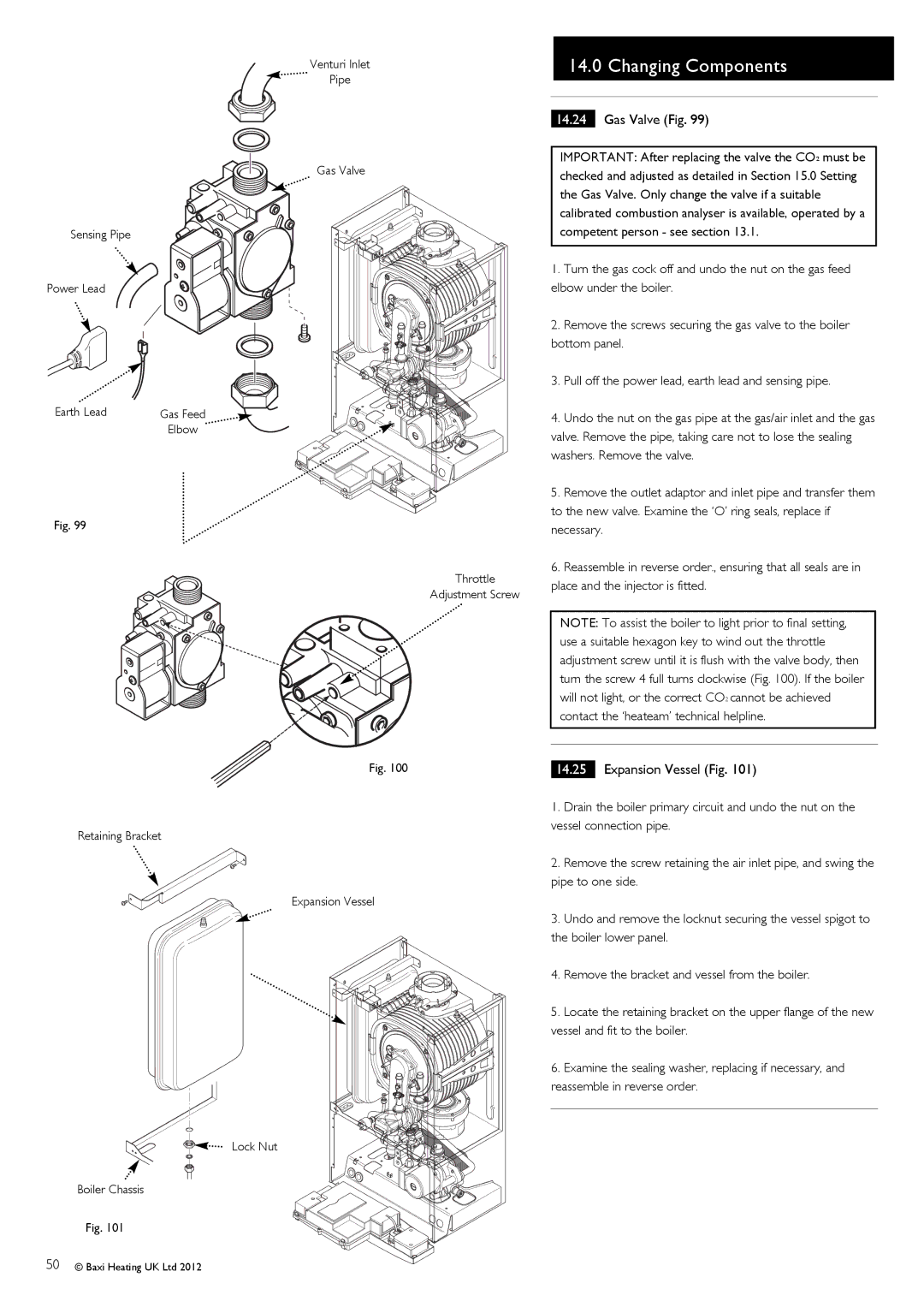 Baxi Potterton 47-393-41, 47-393-40, 47-393-39, 47-393-42 Gas Valve Fig, Expansion Vessel Fig, Throttle Adjustment Screw 