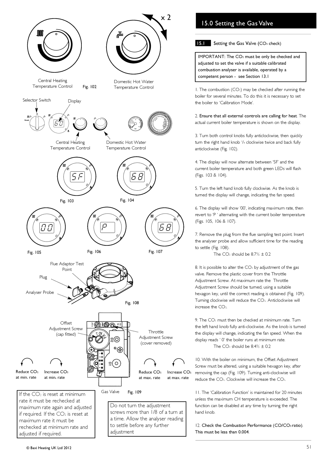 Baxi Potterton 47-393-42 manual Setting the Gas Valve CO2 check, Flue Adaptor Test Point Plug Analyser Probe, Throttle 