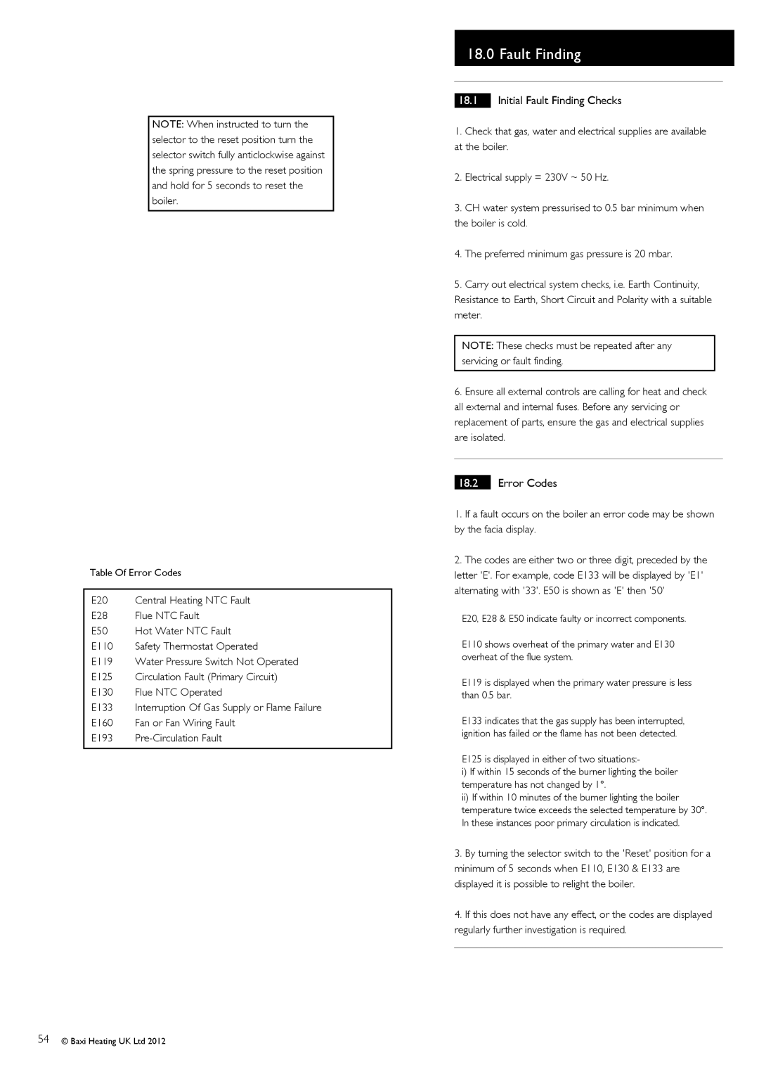 Baxi Potterton 47-393-41, 47-393-40, 47-393-39, 47-393-42 manual Initial Fault Finding Checks, Error Codes 