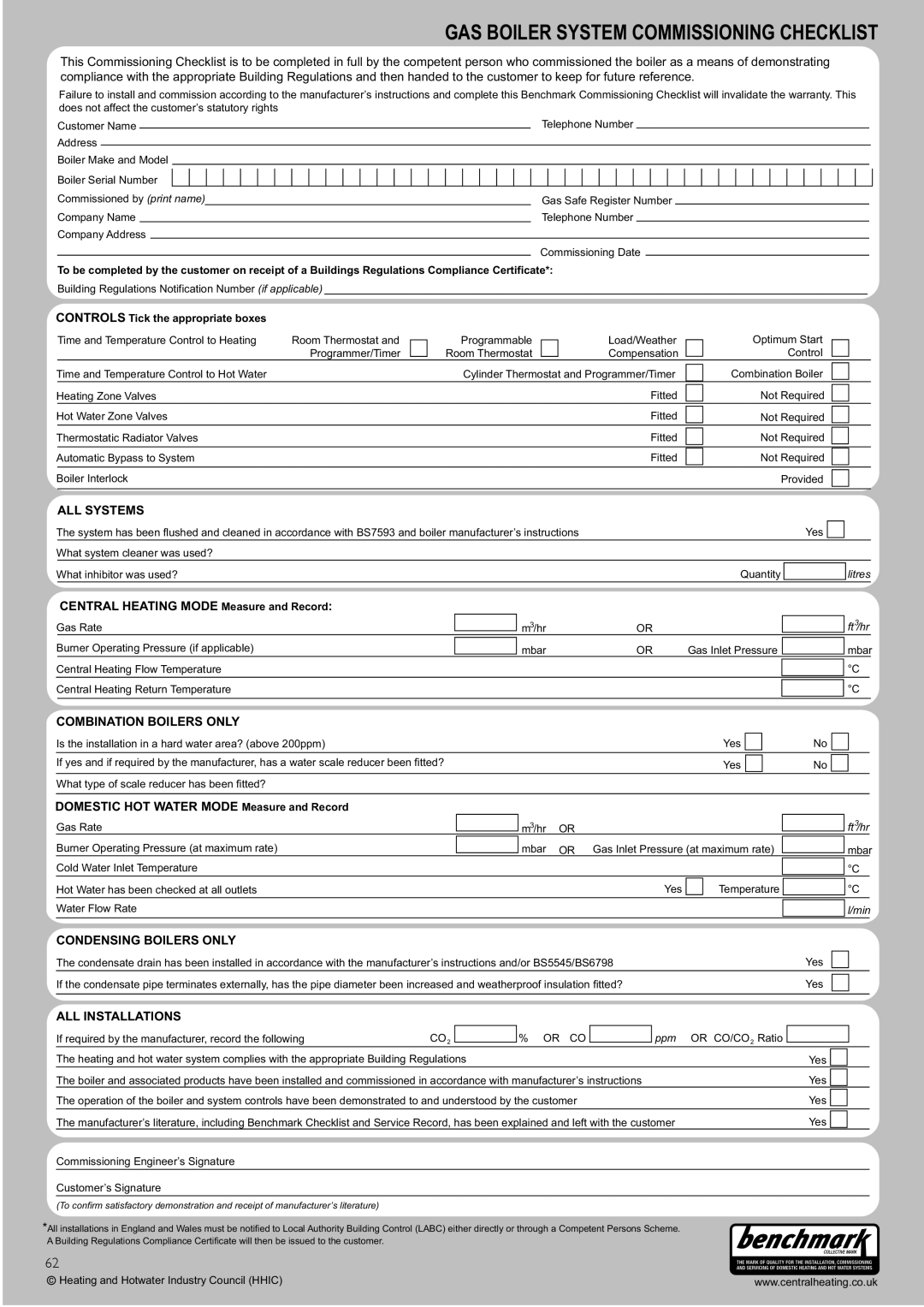 Baxi Potterton 47-393-41, 47-393-40, 47-393-39, 47-393-42 manual GAS Boiler System Commissioning Checklist 