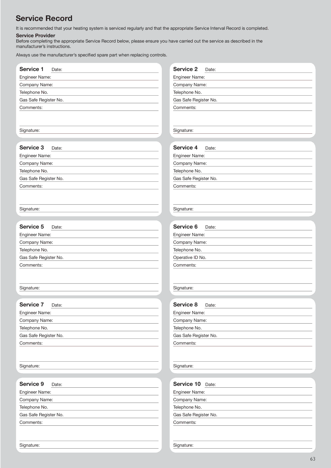 Baxi Potterton 47-393-42, 47-393-40, 47-393-39, 47-393-41 manual Service Record 