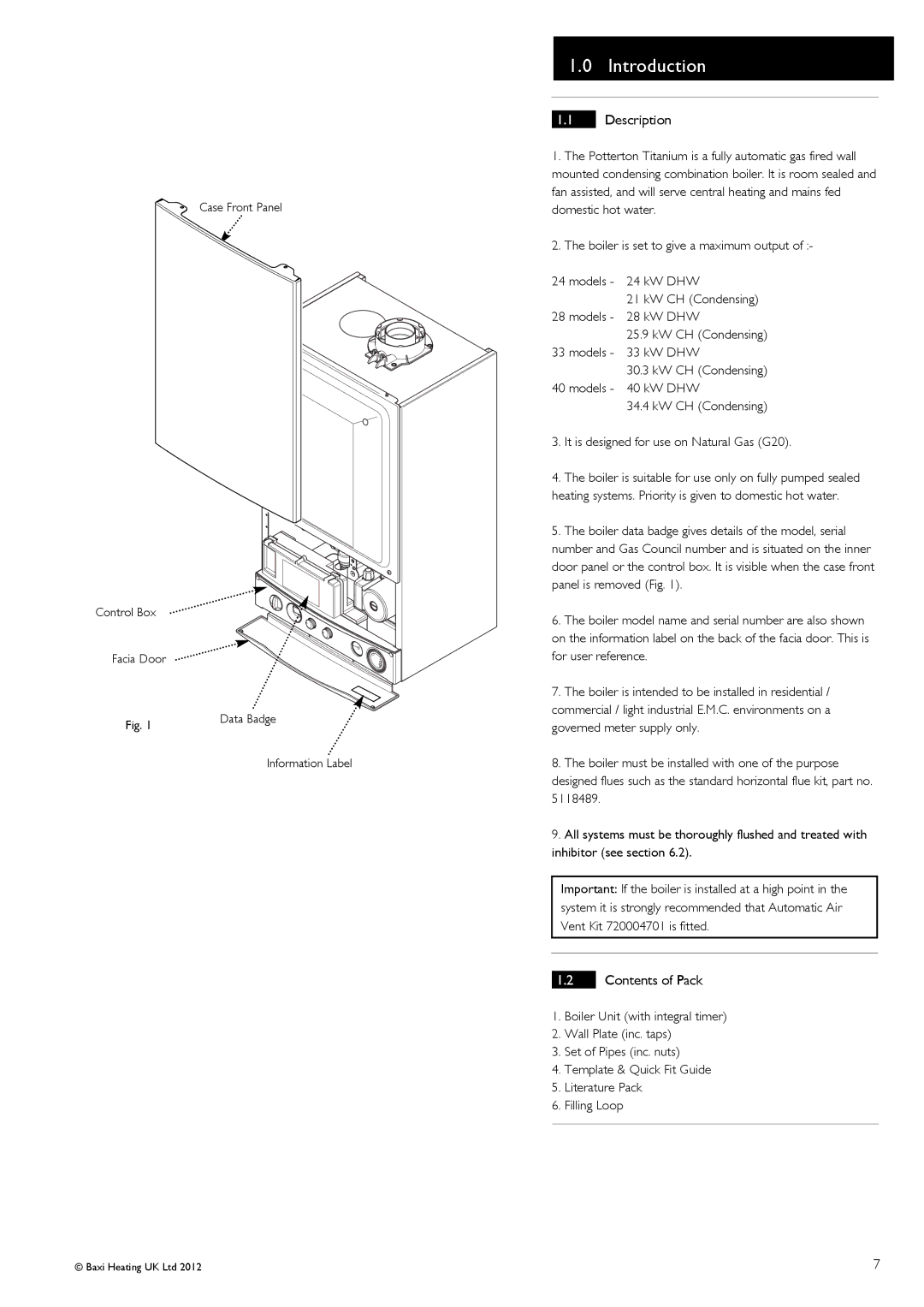 Baxi Potterton 47-393-42, 47-393-40, 47-393-39, 47-393-41 manual Introduction, Description, Contents of Pack 