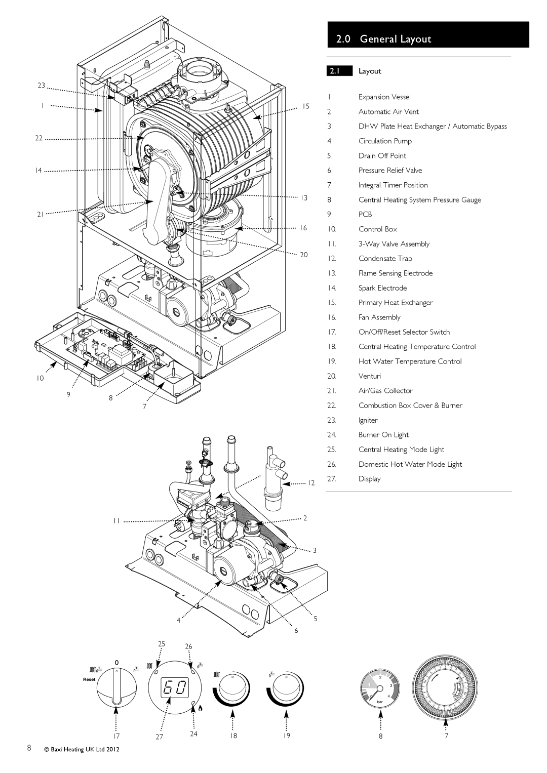 Baxi Potterton 47-393-40, 47-393-39 General Layout, Expansion Vessel Automatic Air Vent, Circulation Pump Drain Off Point 