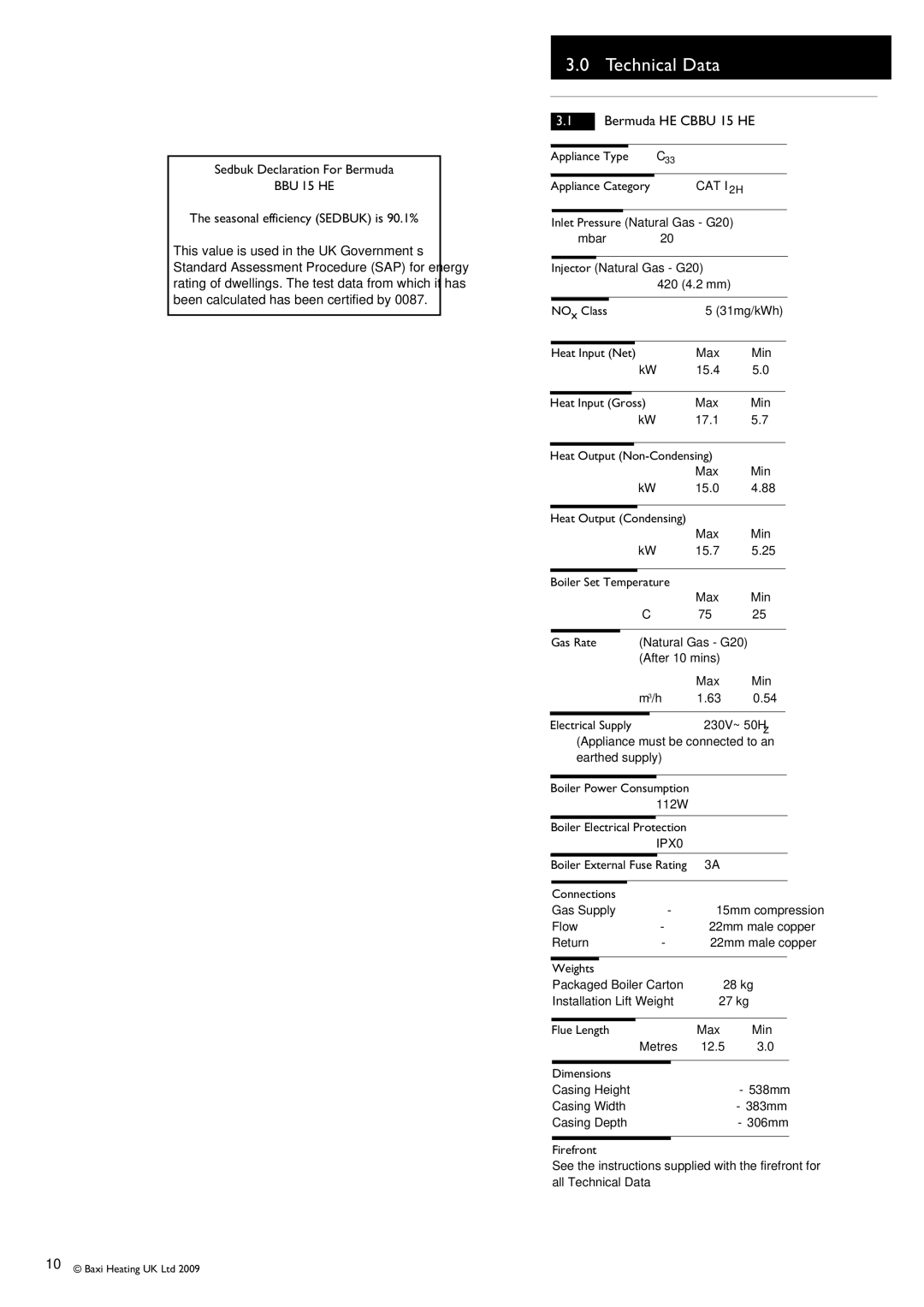 Baxi Potterton BBU 15 HE manual Technical Data, Bermuda HE Cbbu 15 HE 