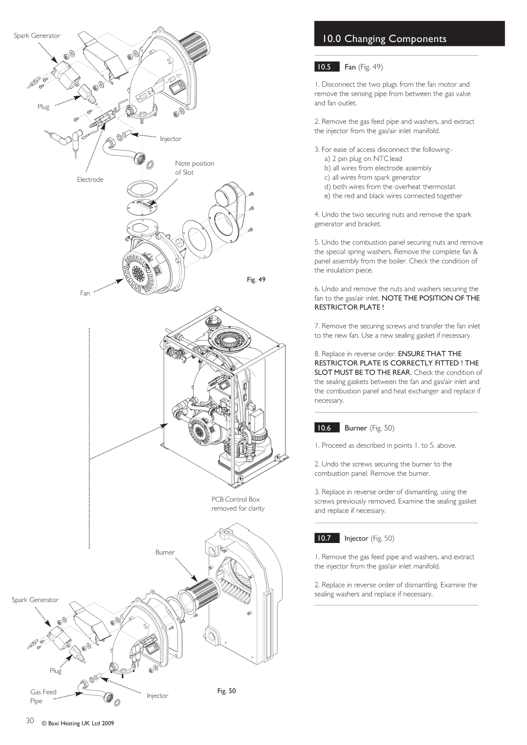 Baxi Potterton BBU 15 HE manual Fan Fig, Burner Fig, Spark Generator Plug Electrode Fan Injector 