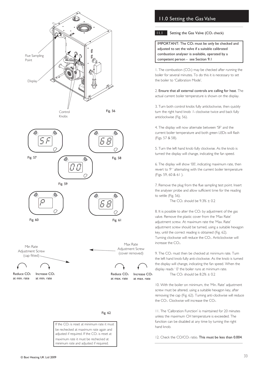 Baxi Potterton BBU 15 HE manual Setting the Gas Valve CO2 check, Flue Sampling Point Display Control Knobs 