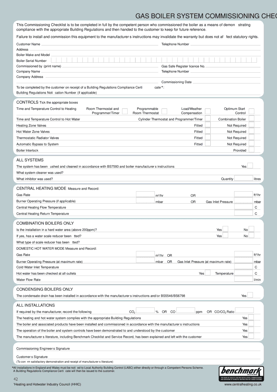 Baxi Potterton BBU 15 HE manual GAS Boiler System Commissioning Checklist 