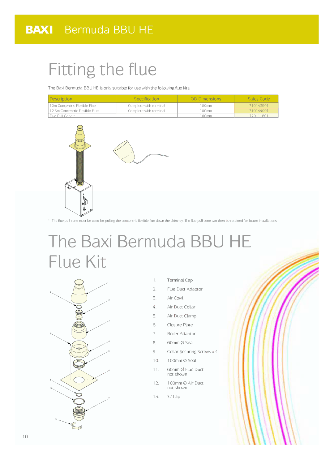 Baxi Potterton manual Fitting the flue, Baxi Bermuda BBU HE Flue Kit 