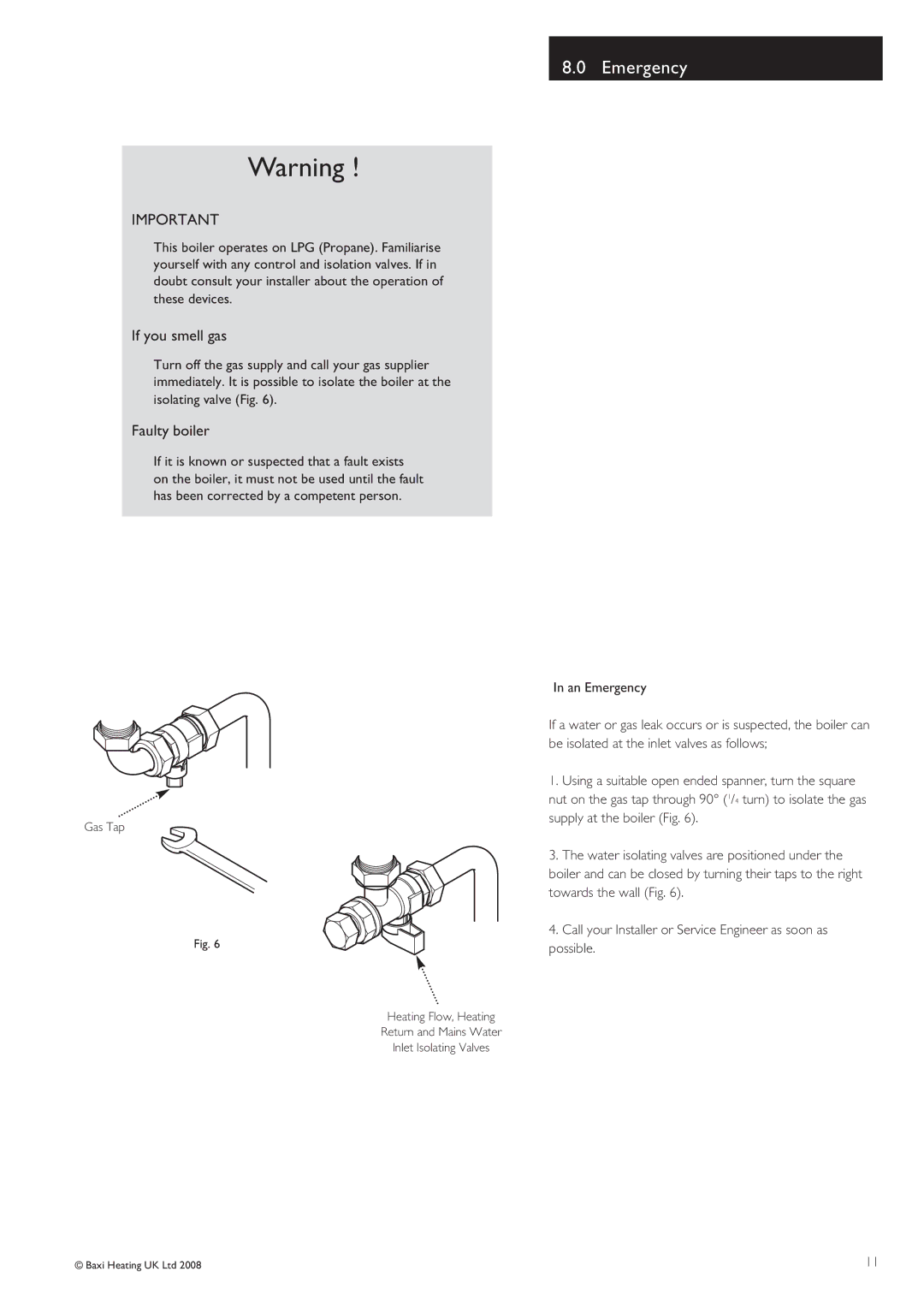 Baxi Potterton Boiler warranty Emergency, If you smell gas 