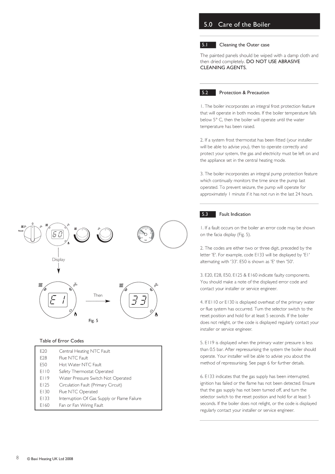 Baxi Potterton warranty Care of the Boiler, Table of Error Codes, Fault Indication 