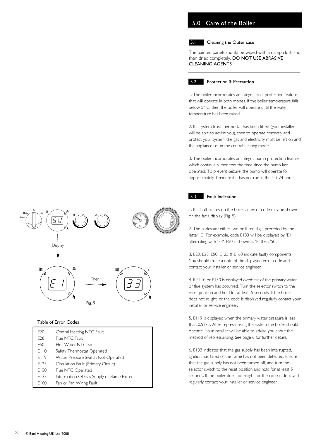 Baxi Potterton Cold HE A warranty Care of the Boiler, Table of Error Codes, Fault Indication 