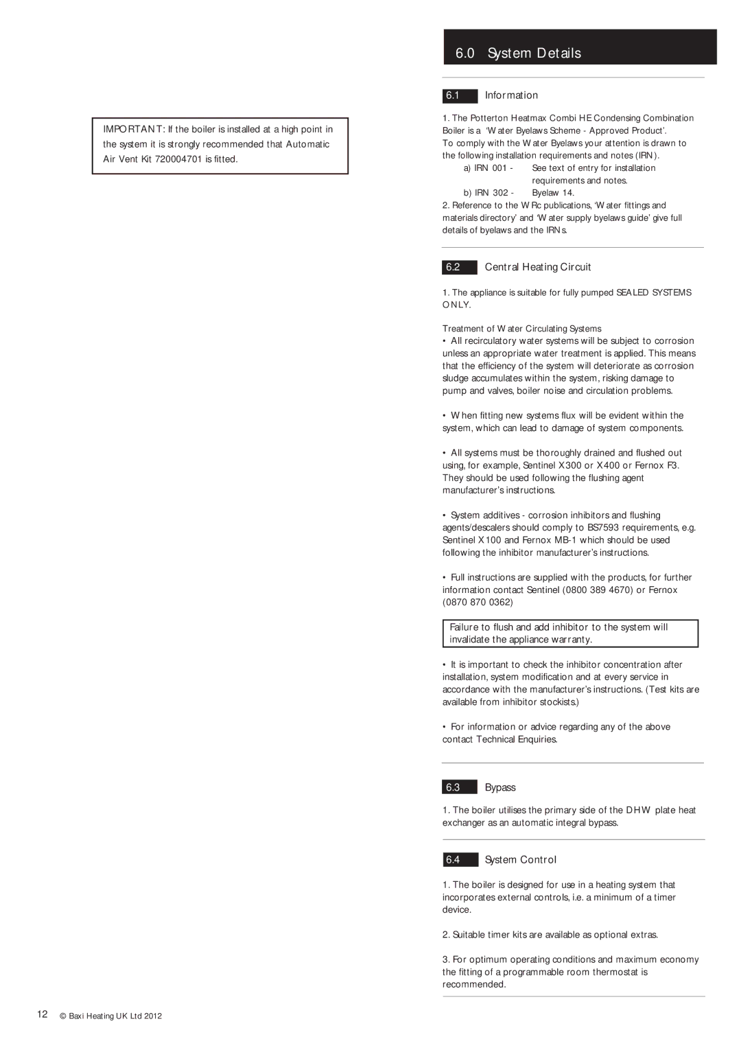 Baxi Potterton Condensing Combination Boiler System Details, Information, Central Heating Circuit, Bypass, System Control 