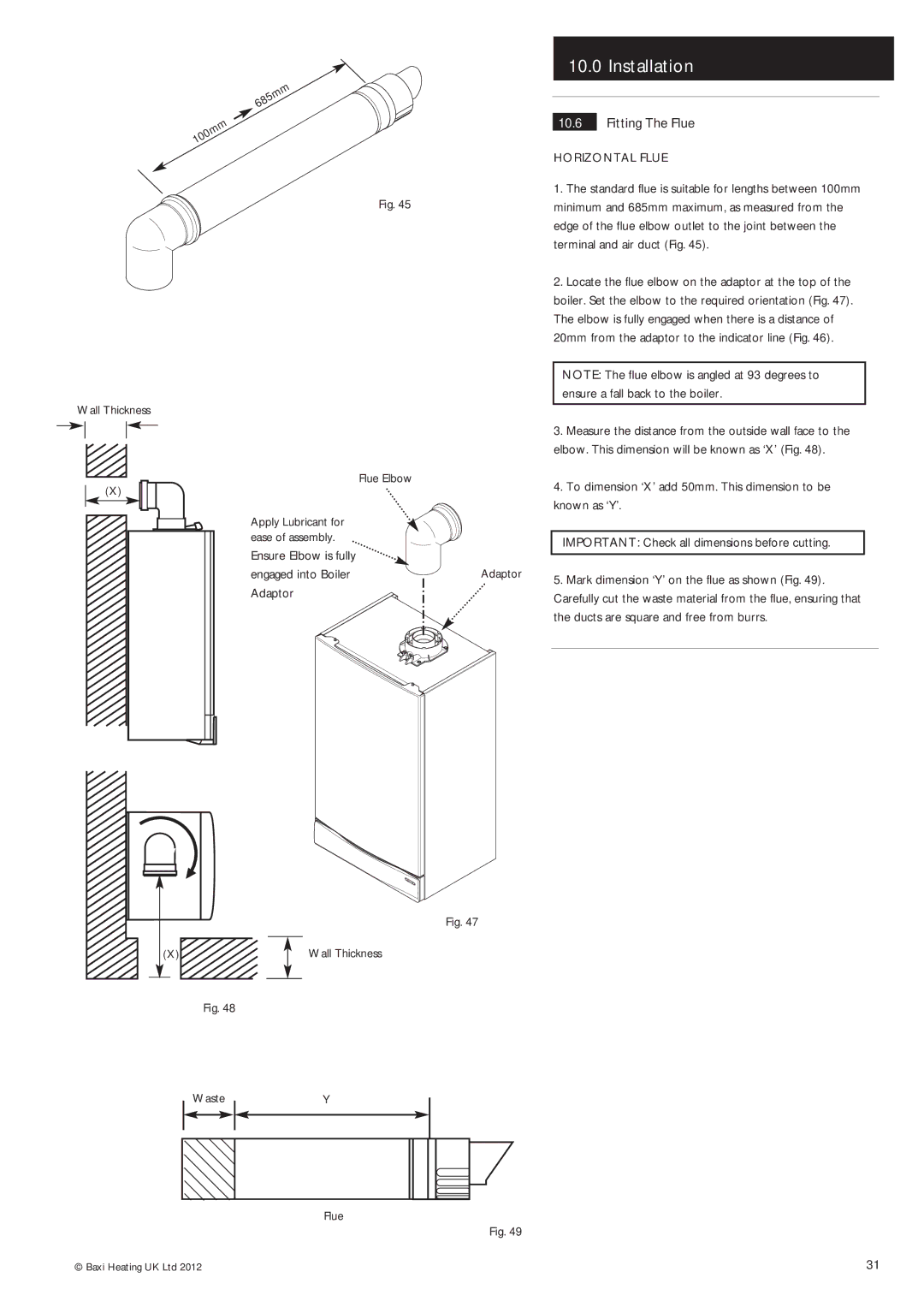 Baxi Potterton Condensing Combination Boiler manual Fitting The Flue, Wall Thickness Flue Elbow, WasteY Flue 