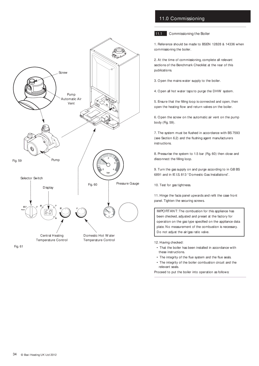 Baxi Potterton Condensing Combination Boiler manual Commissioning the Boiler 