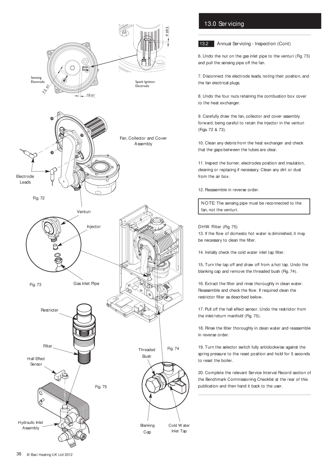 Baxi Potterton Condensing Combination Boiler manual Electrode Leads Venturi Injector, Restricter Filter Hall Effect Sensor 