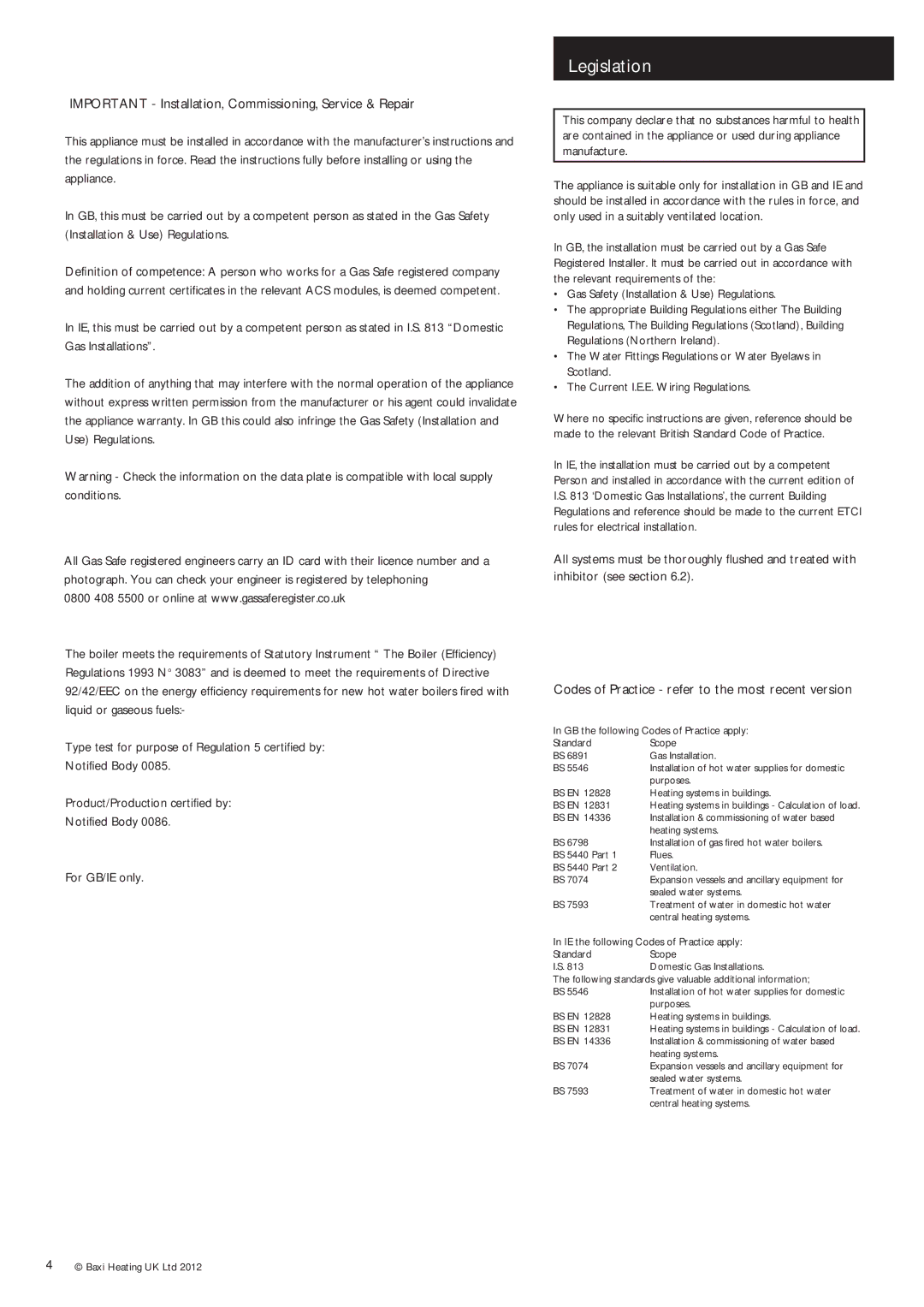 Baxi Potterton Condensing Combination Boiler manual Legislation, Important Installation, Commissioning, Service & Repair 