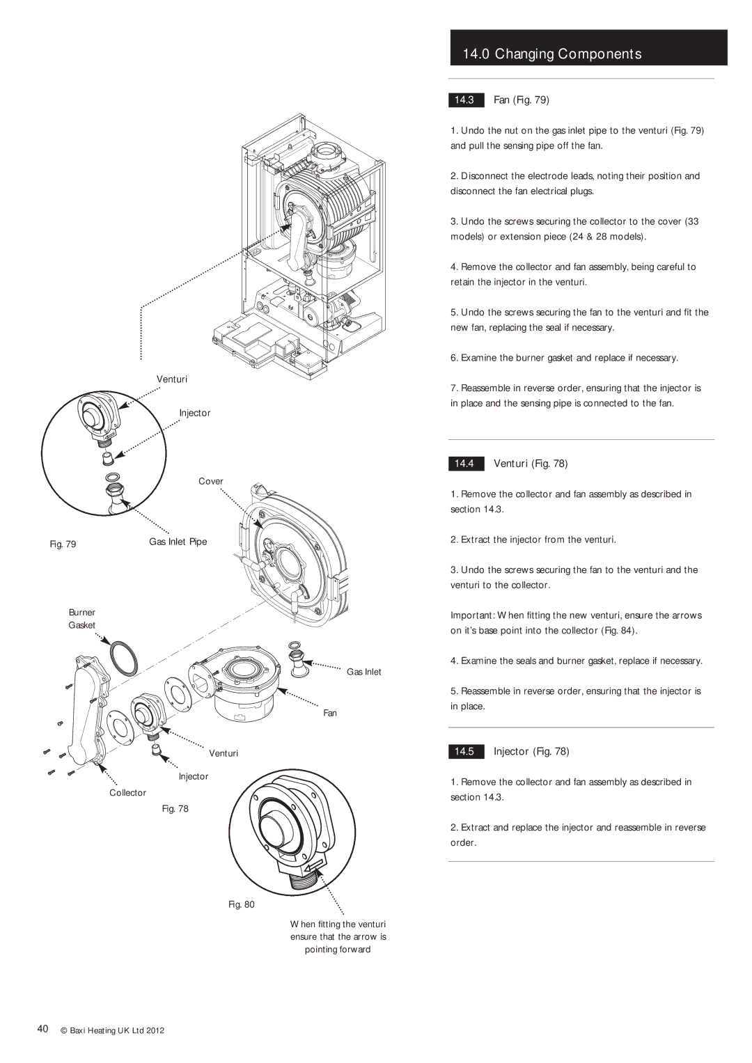 Baxi Potterton Condensing Combination Boiler manual Fan Fig, Venturi Fig, Injector Fig 