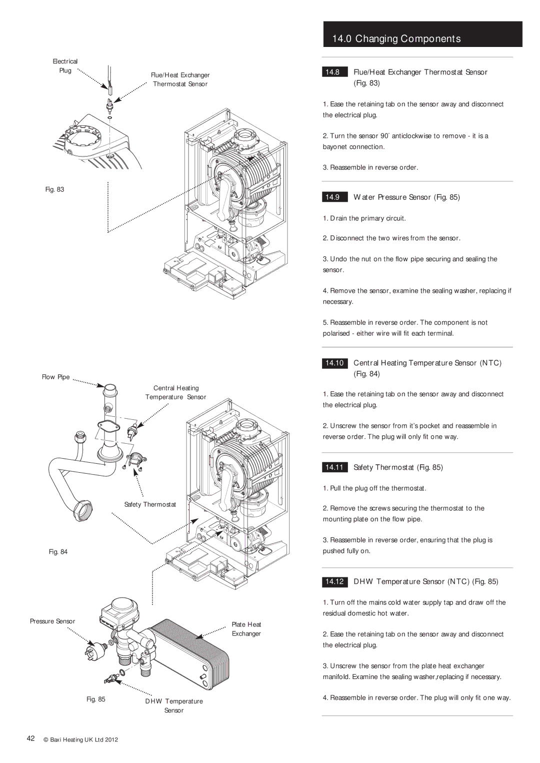 Baxi Potterton Condensing Combination Boiler manual Flue/Heat Exchanger Thermostat Sensor Fig, Water Pressure Sensor Fig 