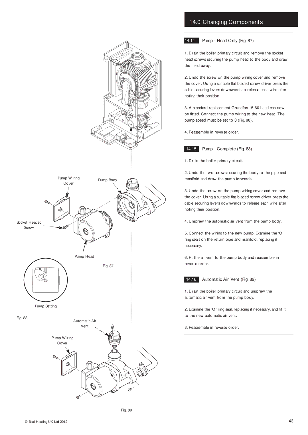 Baxi Potterton Condensing Combination Boiler manual Pump Head Only Fig, Pump Complete Fig, Automatic Air Vent Fig 