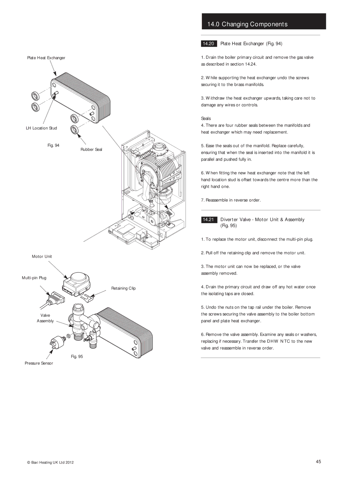 Baxi Potterton Condensing Combination Boiler manual Plate Heat Exchanger Fig, Diverter Valve Motor Unit & Assembly Fig 