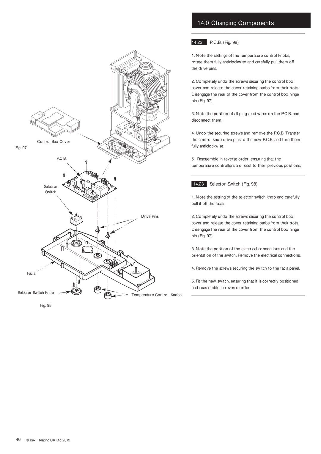 Baxi Potterton Condensing Combination Boiler manual 14.22 P.C.B. Fig, Selector Switch Fig 