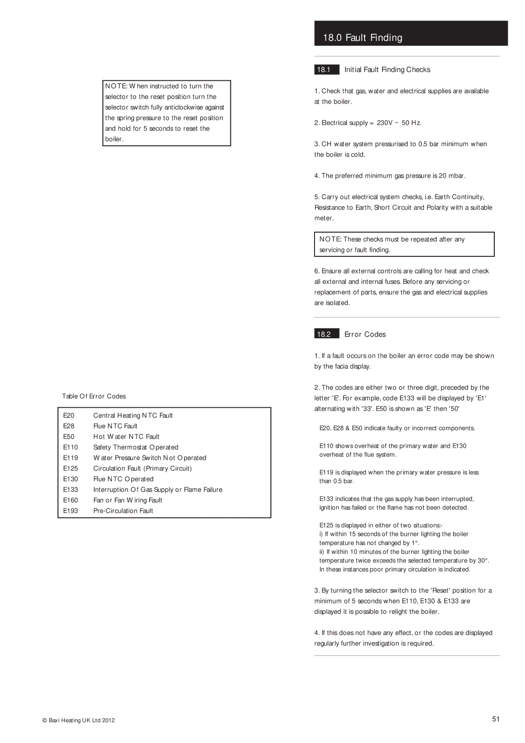 Baxi Potterton Condensing Combination Boiler manual Initial Fault Finding Checks, Error Codes 