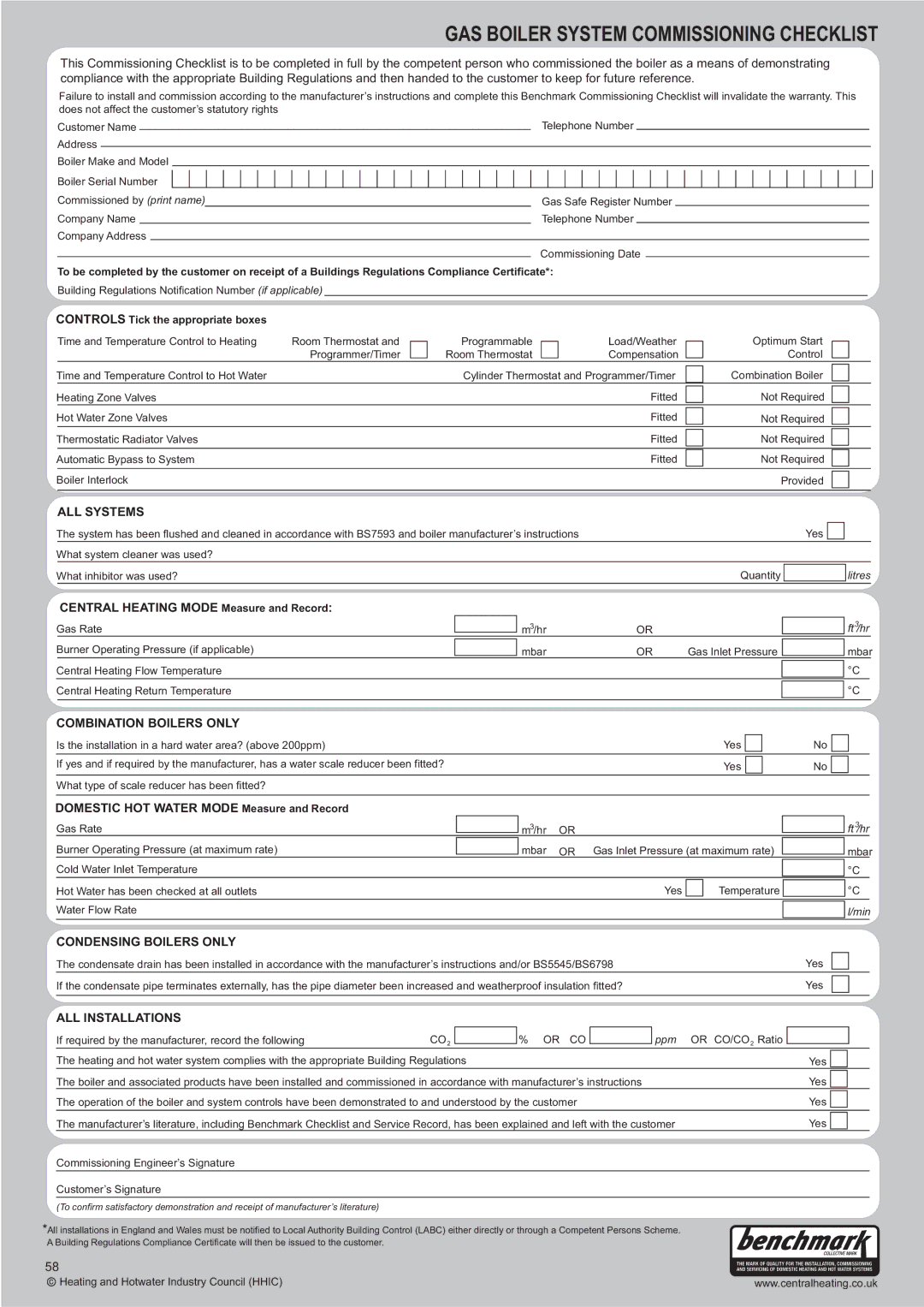 Baxi Potterton Condensing Combination Boiler manual GAS Boiler System Commissioning Checklist 